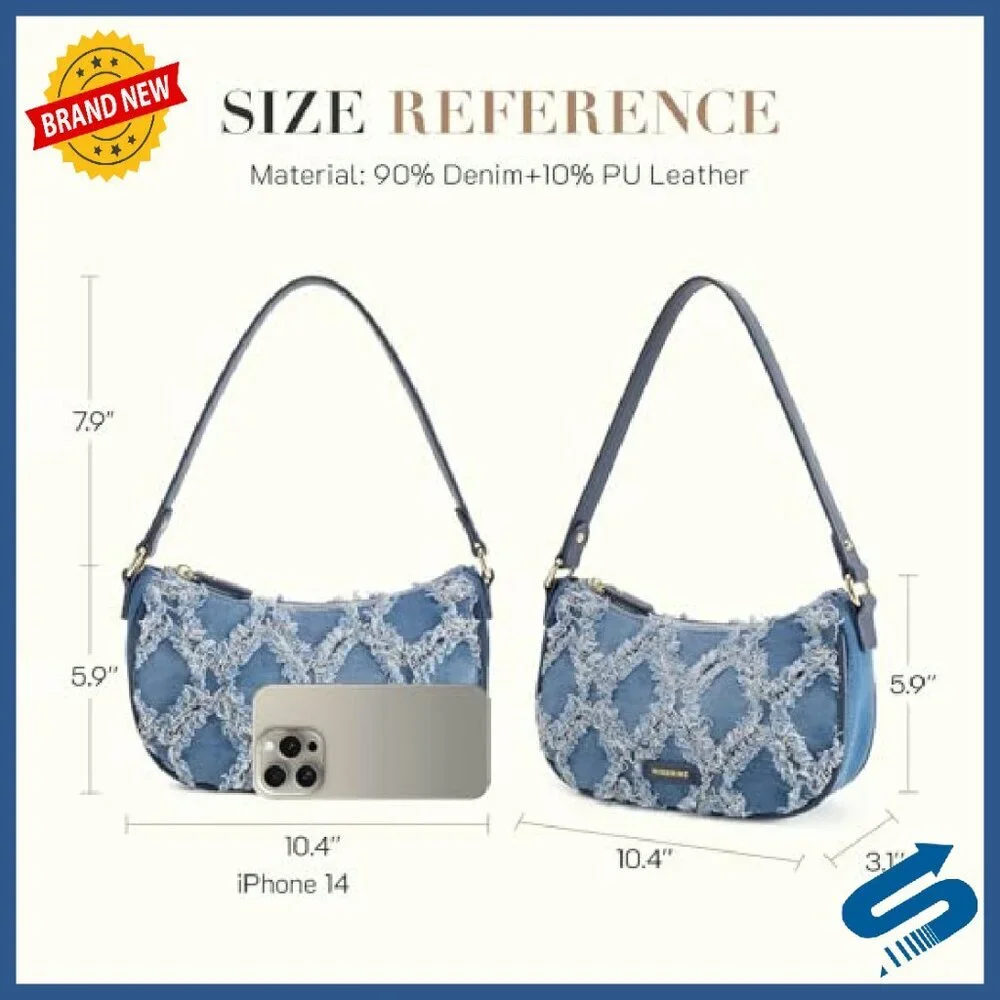 Distressed Denim Hobo Shoulder Bag with Adjustable Strap Mini Purse - Picture 6 of 8